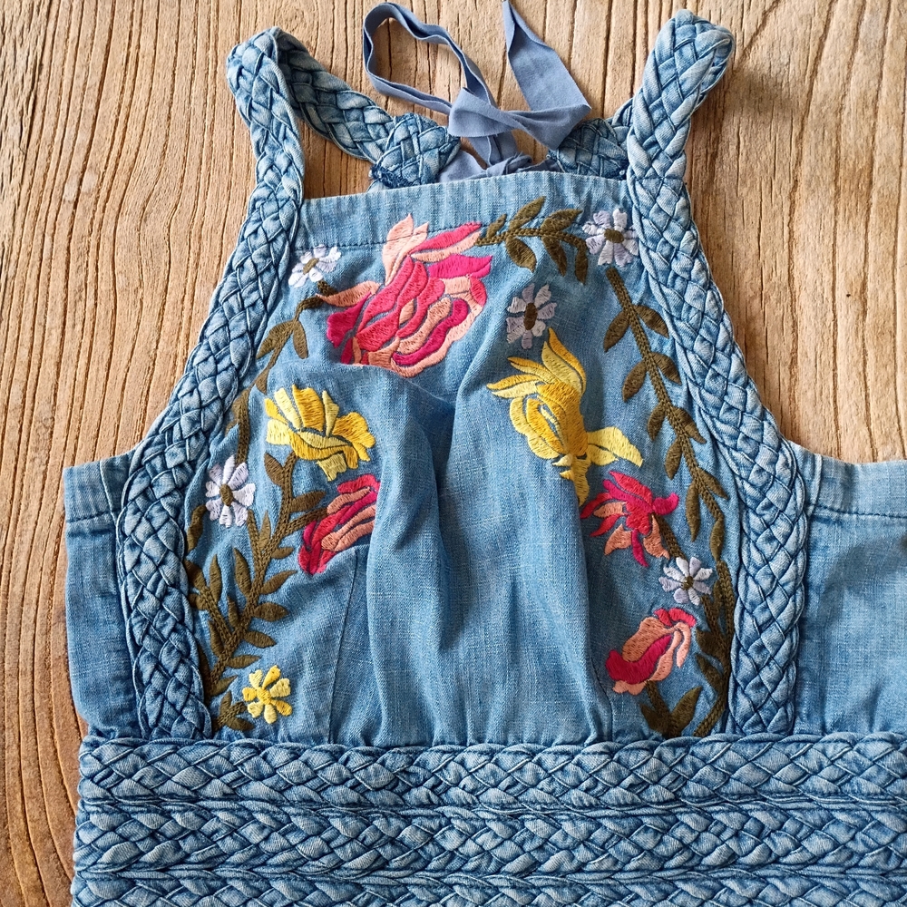 Pilcro Embroidered Chambray Camisole in Blue with Pink and Yellow Flowers